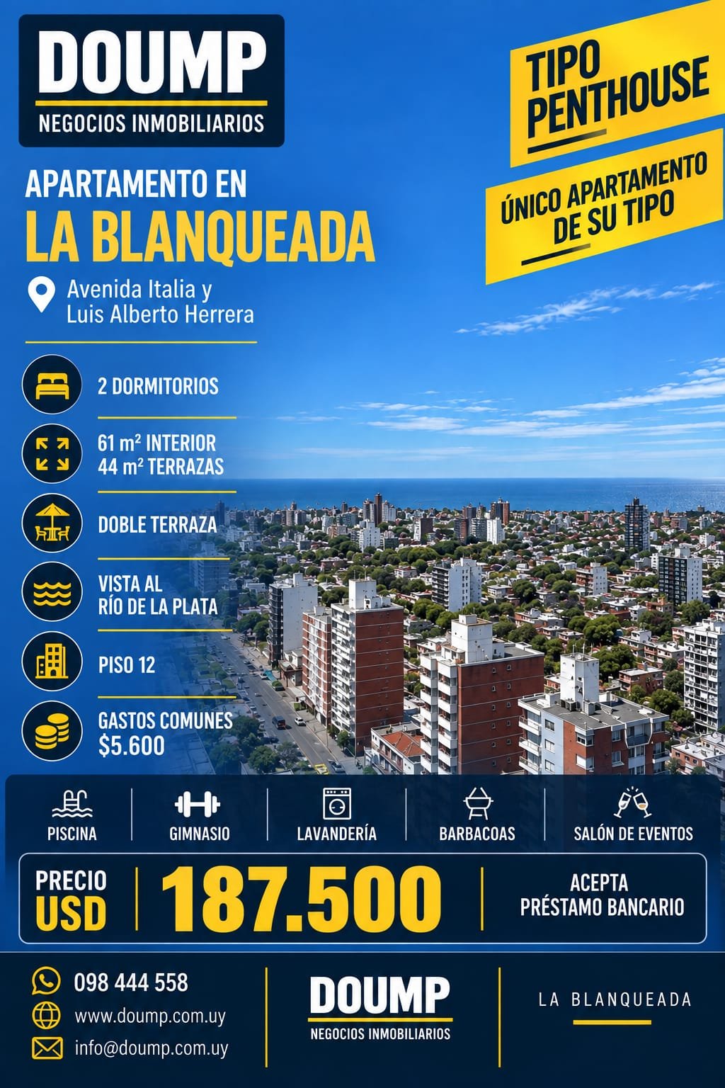 La Blanqueada 2 dormitorios,  tipo penthouse,piso 12, Frente a Av. Italia
