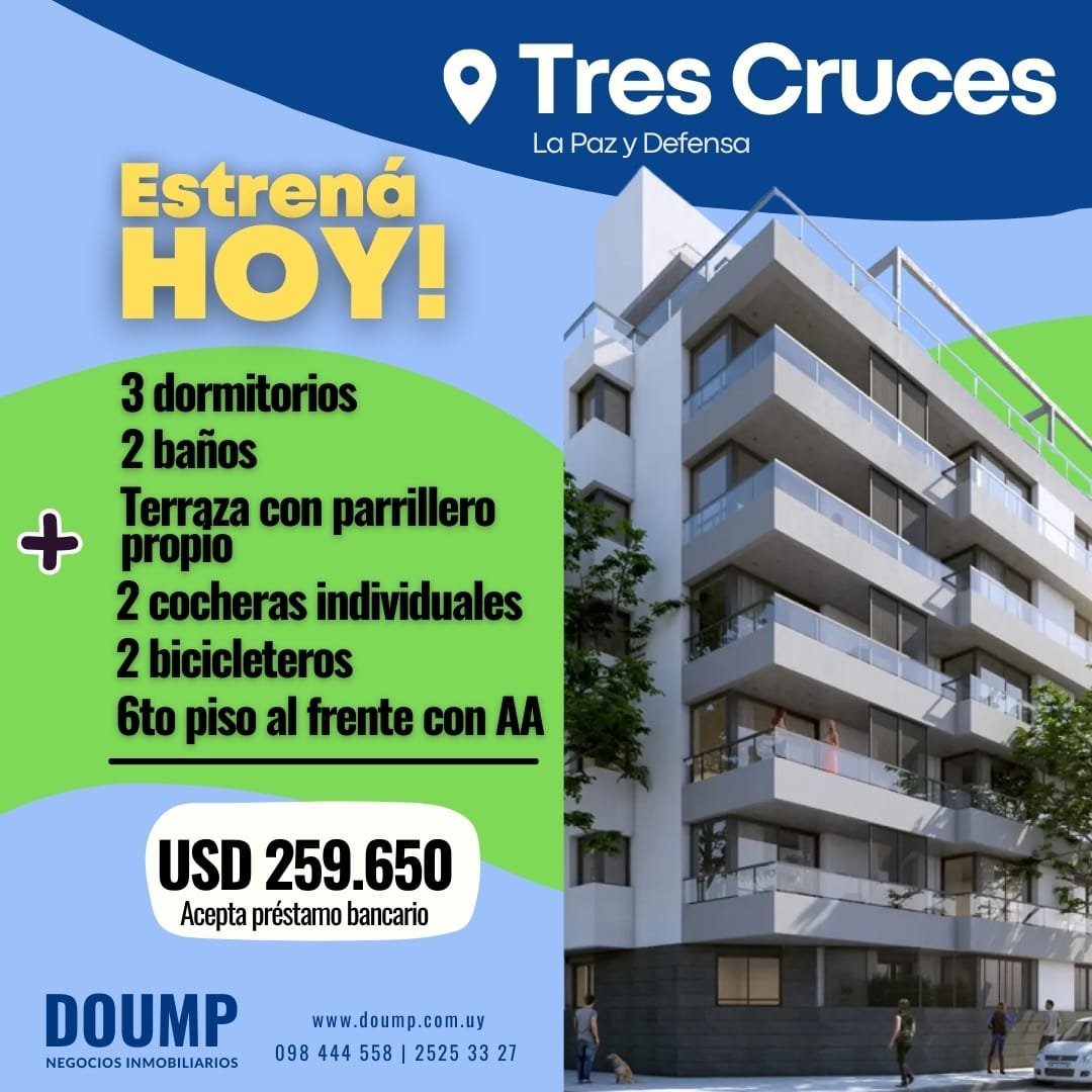 3 dormitorios + 2 baños + 2 cocheras + parrillero propio + 2 bicicleteros